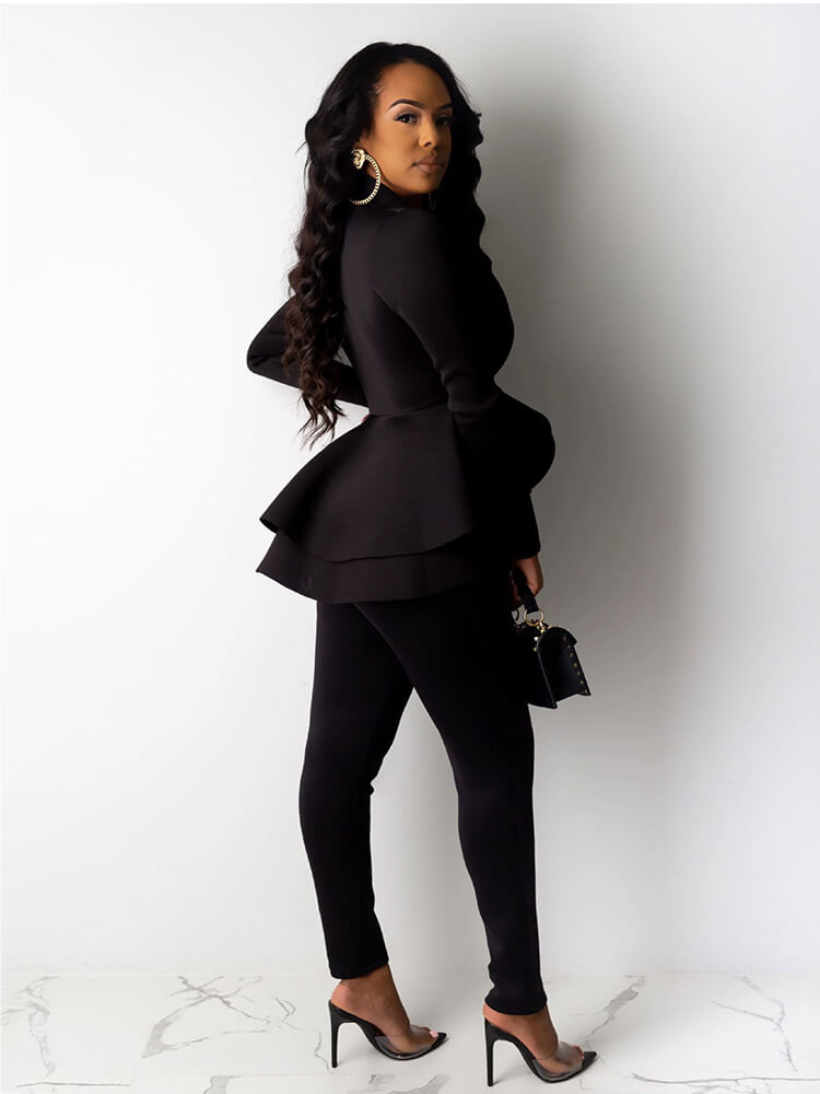 Two Piece Ruffled Blazer Pants Suit