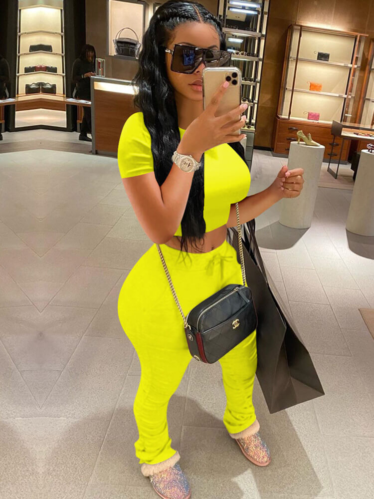 Two Piece Solid Color Short Sleeve Top Long Pants