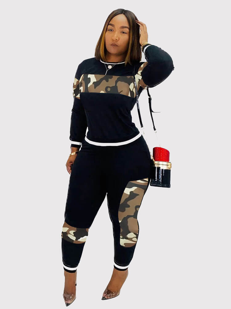 Two Pieces Leopard Camouflage Print Patchwork Sweatsuits
