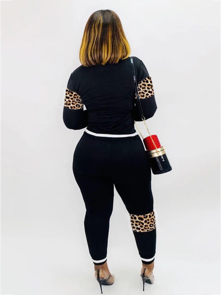 Two Pieces Leopard Camouflage Print Patchwork Sweatsuits