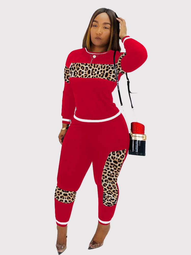 Two Pieces Leopard Camouflage Print Patchwork Sweatsuits