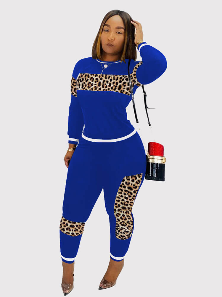 Two Pieces Leopard Camouflage Print Patchwork Sweatsuits