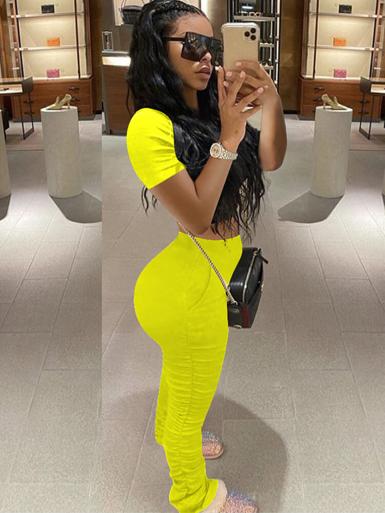 Two Piece Solid Color Short Sleeve Top Long Pants