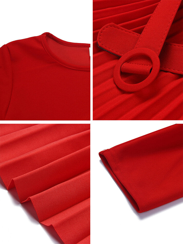 Short Sleeve Solid Color Pleated Midi Dress with Belt