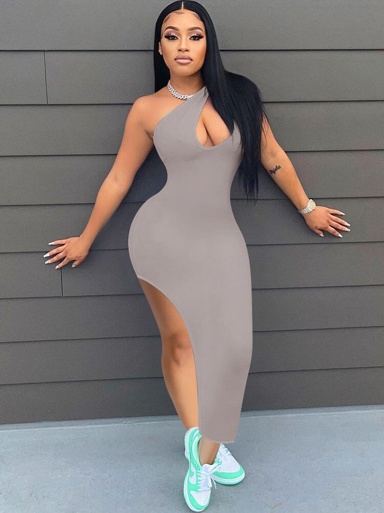 One Shoulder Sleeveless High Slit Midi Dress
