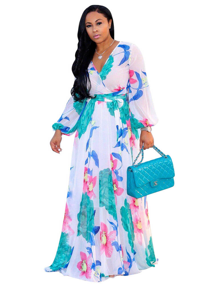 Chiffon Floral Printed V Neck Wrap Boho Maxi Dress