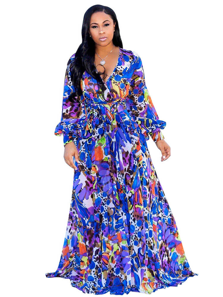 Chiffon Floral Printed V Neck Wrap Boho Maxi Dress
