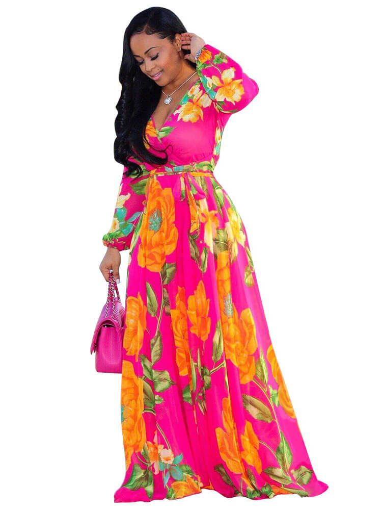 Chiffon Floral Printed V Neck Wrap Boho Maxi Dress