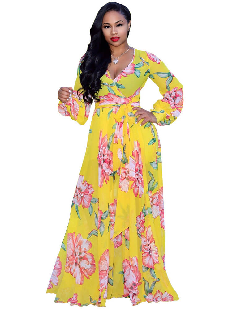 Chiffon Floral Printed V Neck Wrap Boho Maxi Dress