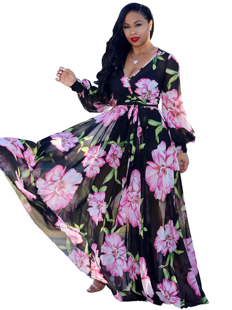Chiffon Floral Printed V Neck Wrap Boho Maxi Dress