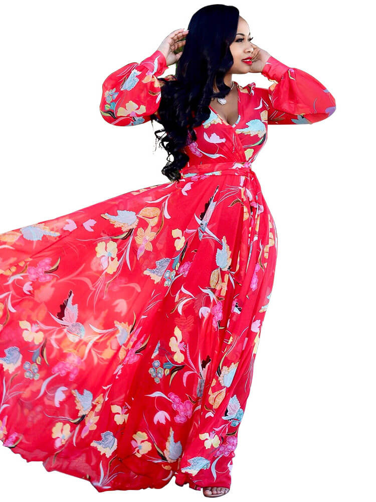 Chiffon Floral Printed V Neck Wrap Boho Maxi Dress