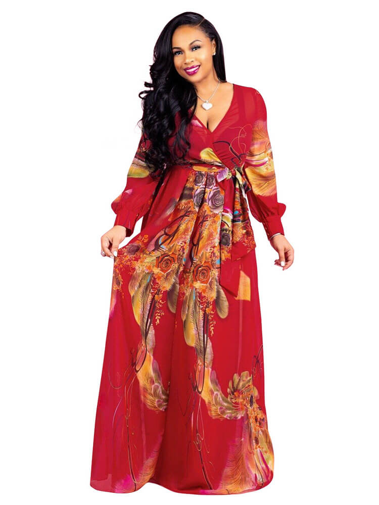 Chiffon Floral Printed V Neck Wrap Boho Maxi Dress