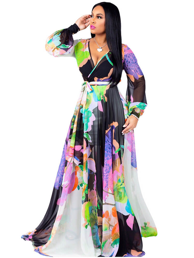 Chiffon Floral Printed V Neck Wrap Boho Maxi Dress