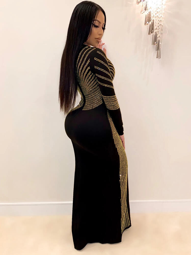 Long Sleeve Hot Drilling Sequins High Split Maxi Dress