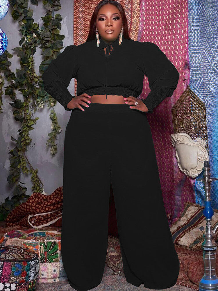 Plus Size Two Piece V Neck Crop Top Ruffle Wide Leg Pants