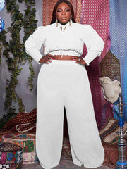 Plus Size Two Piece V Neck Crop Top Ruffle Wide Leg Pants
