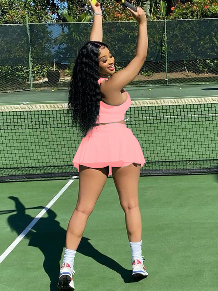 Two Piece Sleeveless Tank Crop Top Pleated Mini Skirt