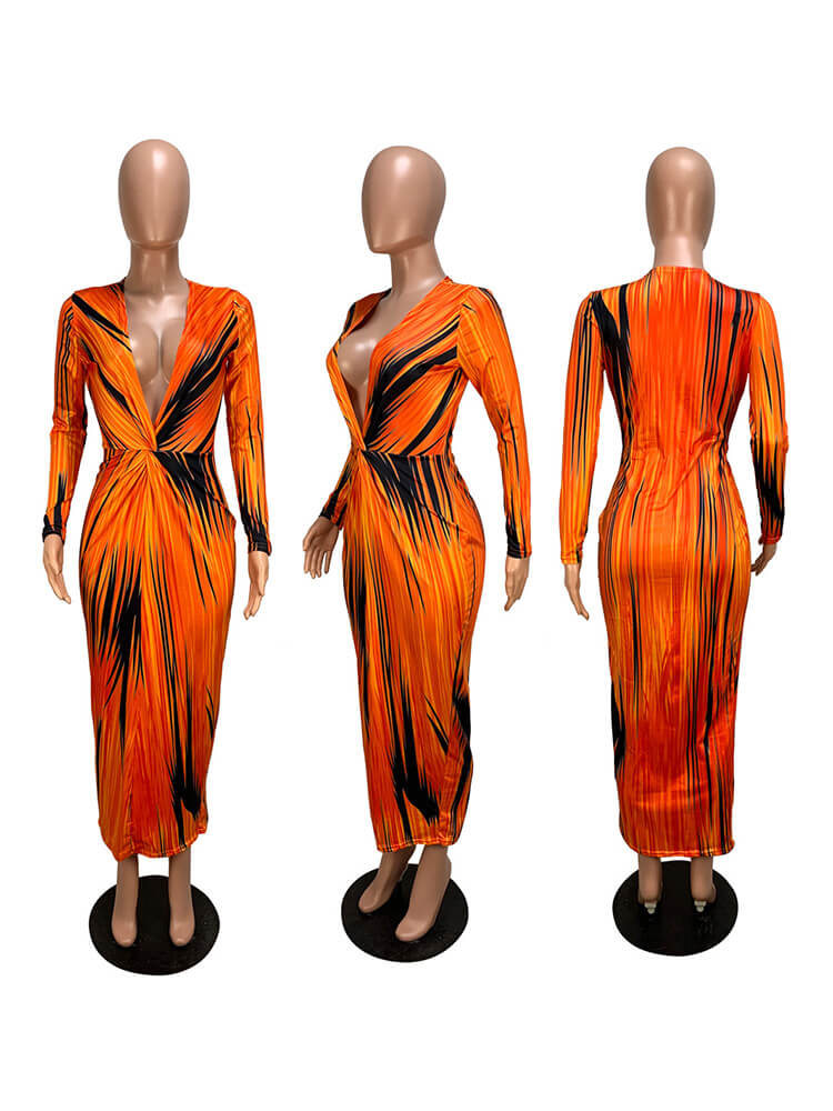 Deep V Neck Gradient Color Maxi Dress