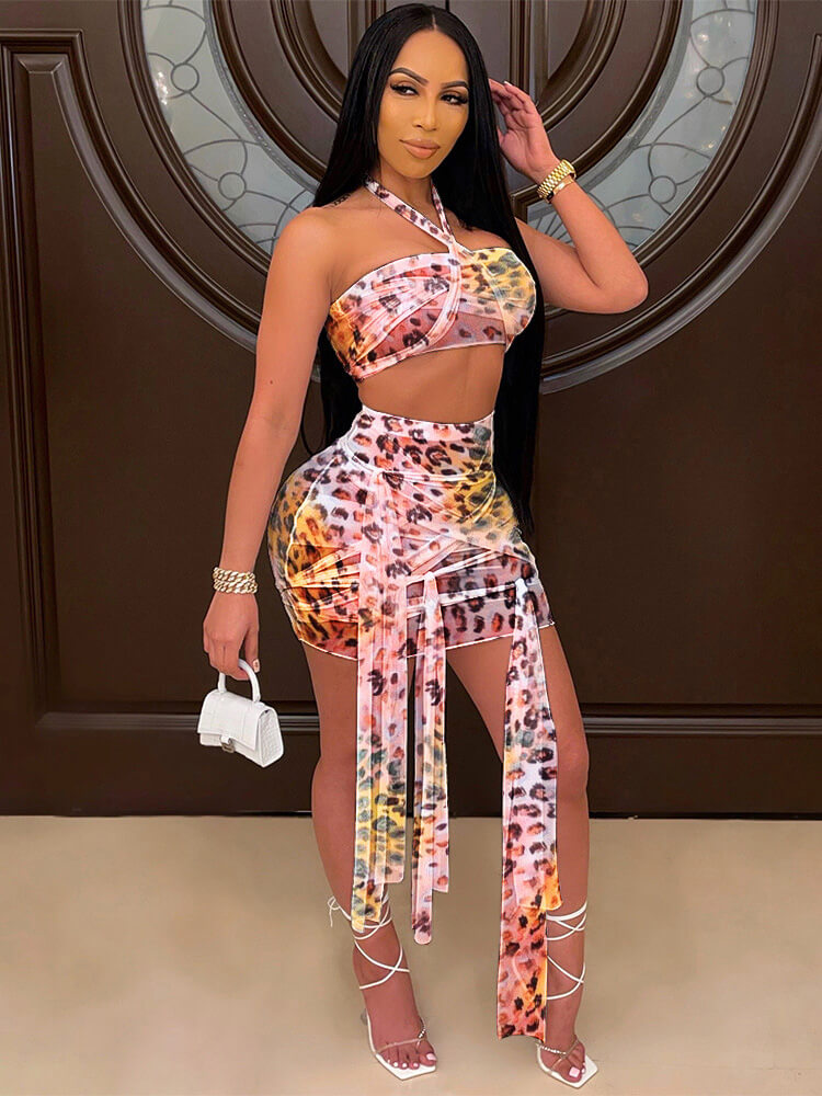 2 Piece Sheer Mesh Leopard Halter Tube Top Skirt Set