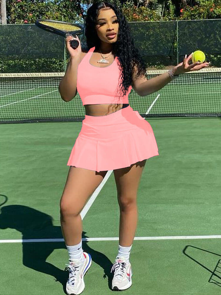 Two Piece Sleeveless Tank Crop Top Pleated Mini Skirt
