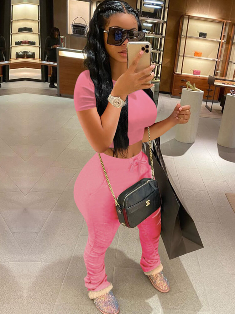 Two Piece Solid Color Short Sleeve Top Long Pants