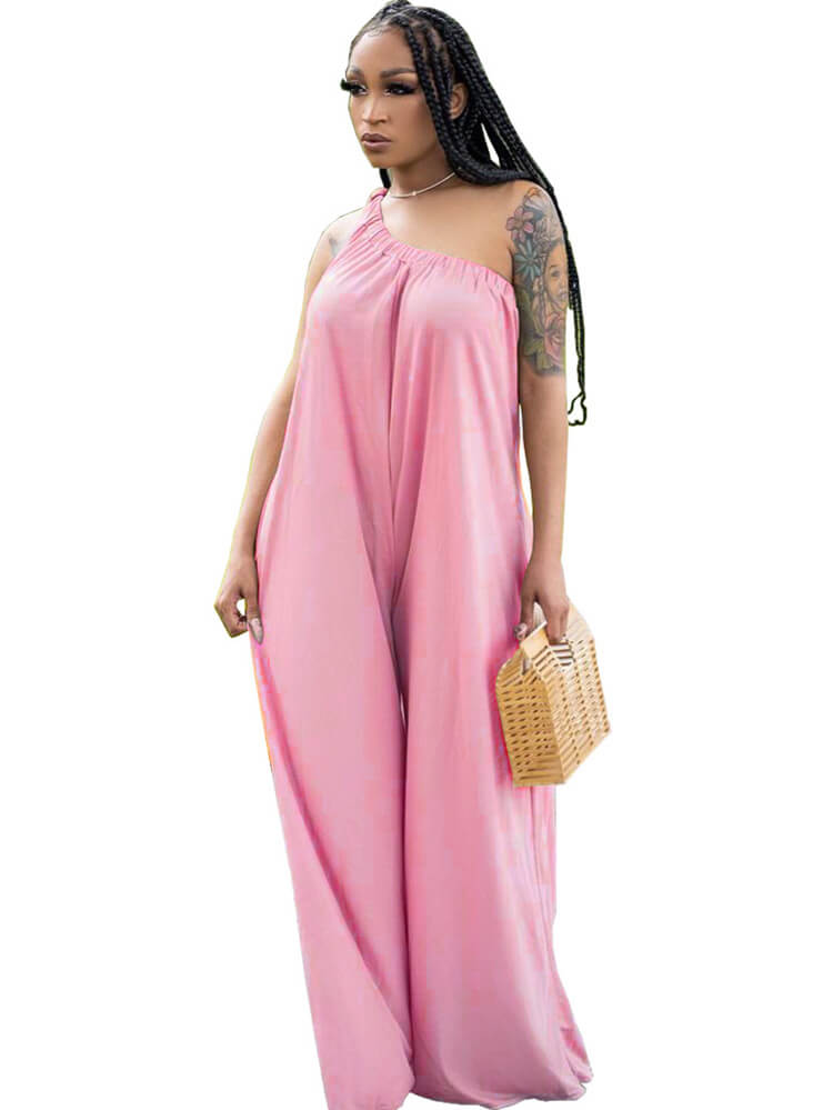 One Shoulder Sleeveless Wide Leg Jumpsuit