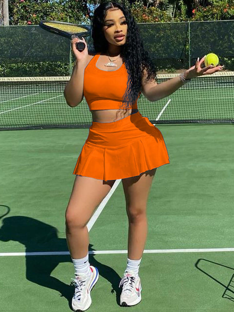 Two Piece Sleeveless Tank Crop Top Pleated Mini Skirt