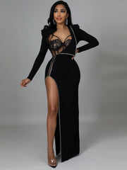 Two Piece Long Sleeve Rhinestone Patchwork Dress Set