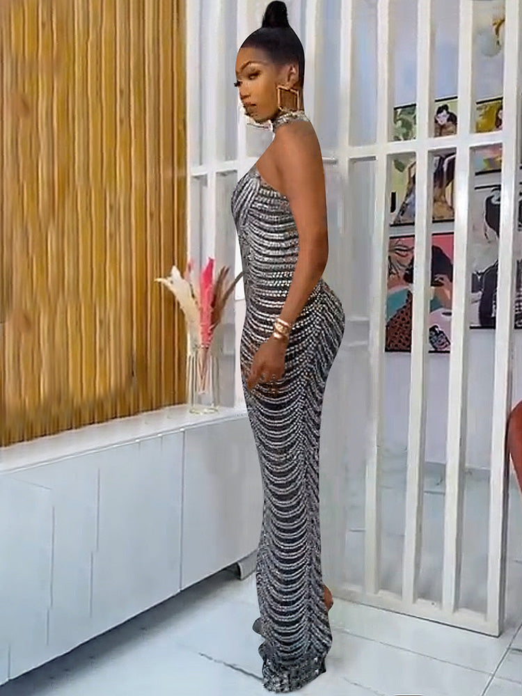 Sleeveless Mock Neck Backless Rhinestone Maxi Dress