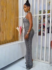 Sleeveless Mock Neck Backless Rhinestone Maxi Dress