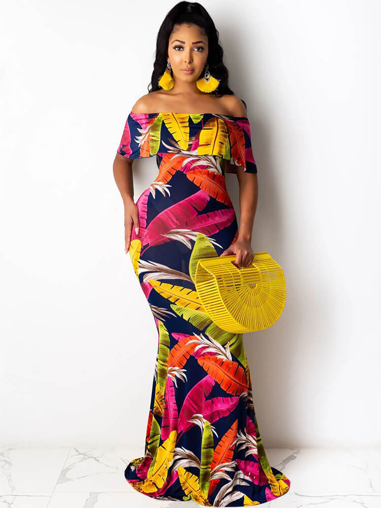 Off Shoulder Gradient Color Ruffle Floral Print Maxi Dress