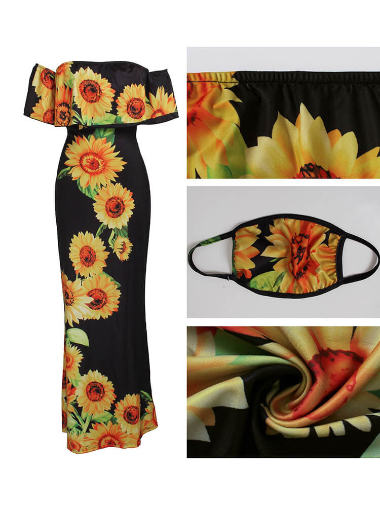 Off Shoulder Gradient Color Ruffle Floral Print Maxi Dress