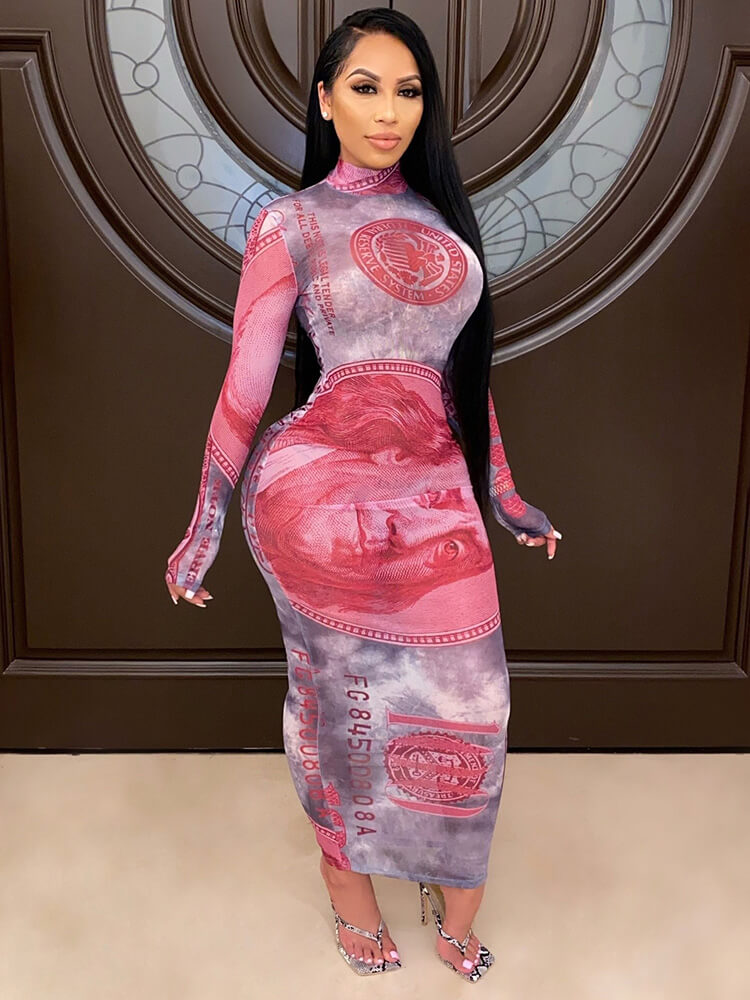 Sheer Mesh See Through Dollar Print Maxi Dress