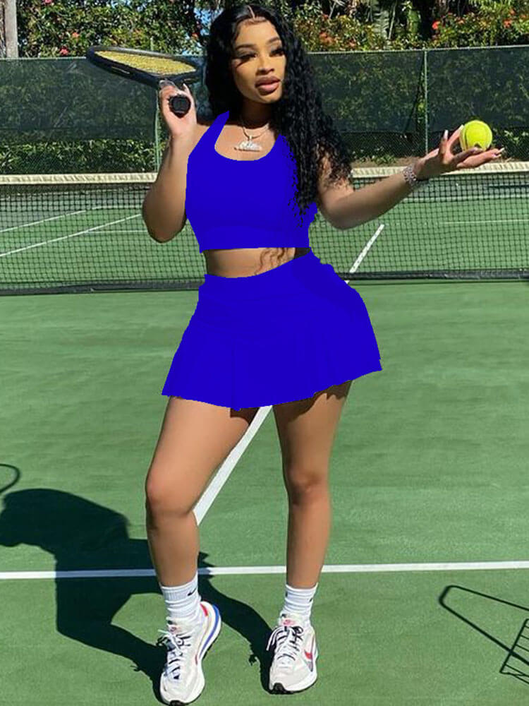 Two Piece Sleeveless Tank Crop Top Pleated Mini Skirt