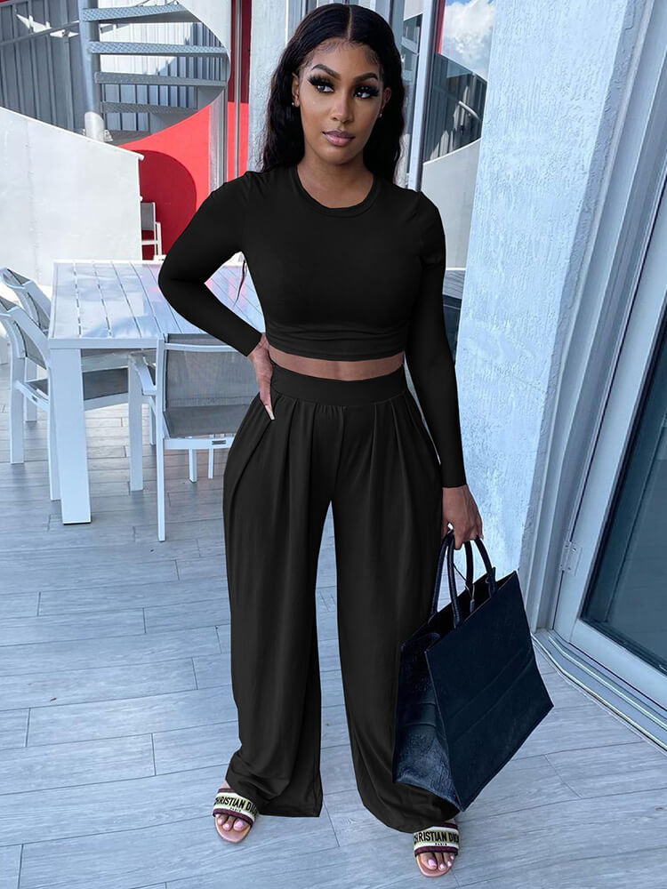 Two Piece Long Sleeve Crop Top Wide Leg Pant Set