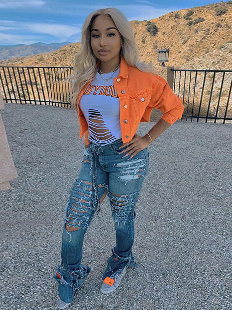 Long Sleeve Button Down Ripped Denim Jacket