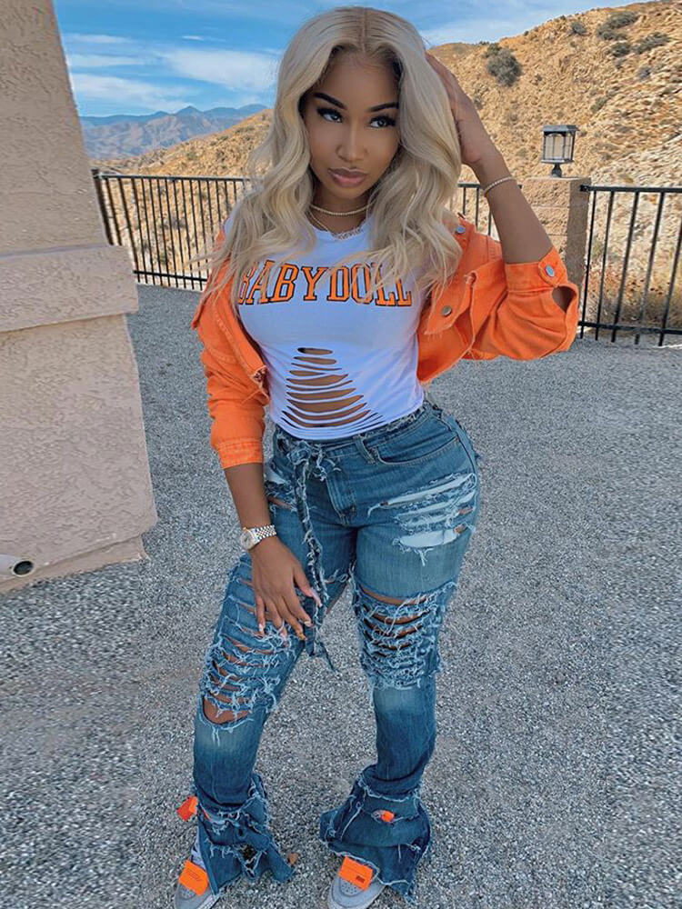 Long Sleeve Button Down Ripped Denim Jacket