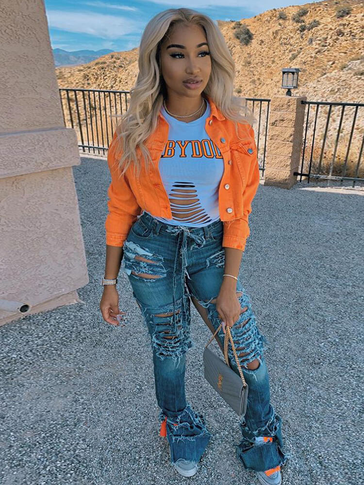 Long Sleeve Button Down Ripped Denim Jacket