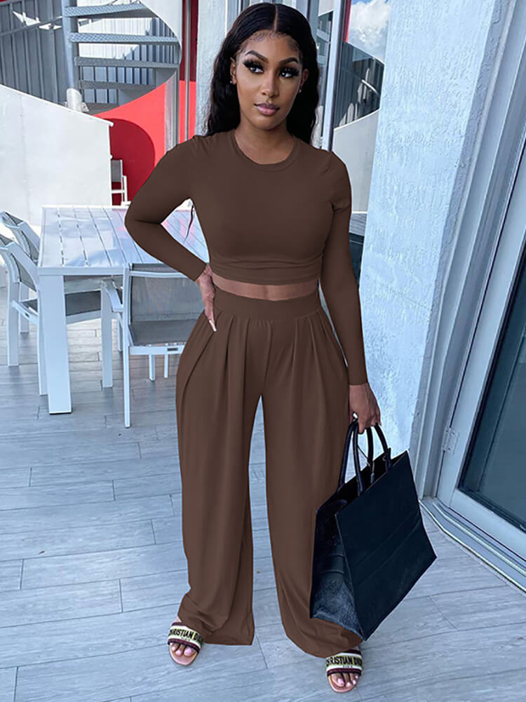 Two Piece Long Sleeve Crop Top Wide Leg Pant Set