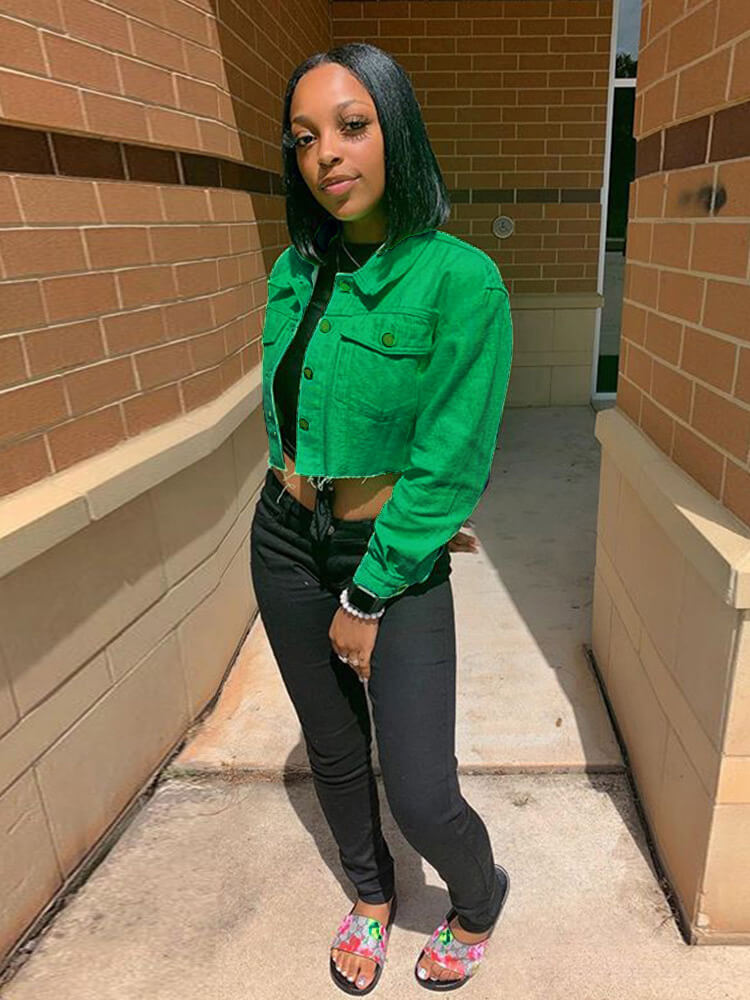 Long Sleeve Button Down Ripped Denim Jacket