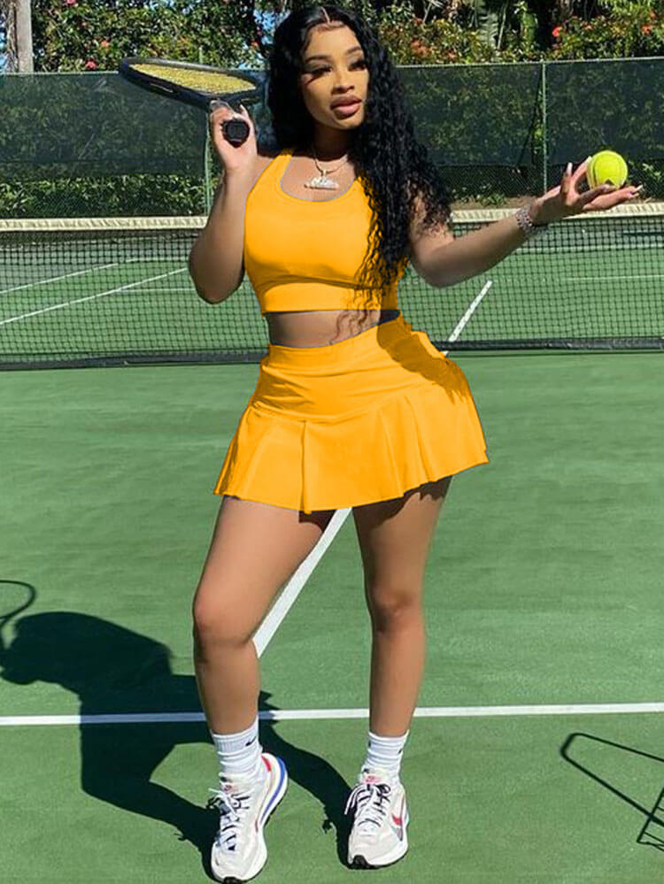 Two Piece Sleeveless Tank Crop Top Pleated Mini Skirt