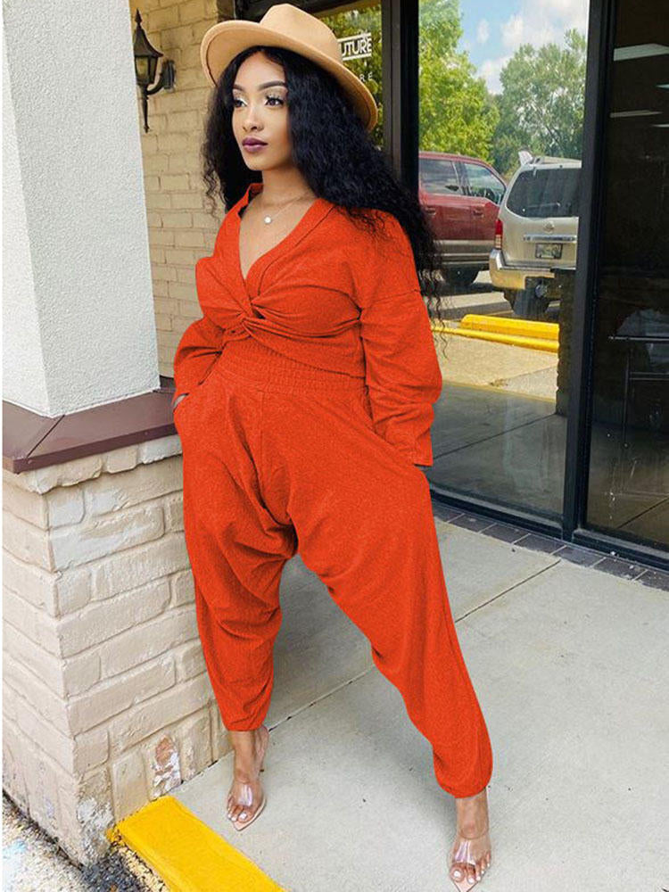 Two Piece V Neck Knot Crop Top Pants