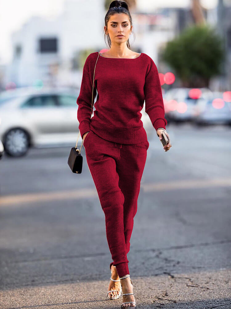 Two Piece Pullover Solid Color Top Pants Set