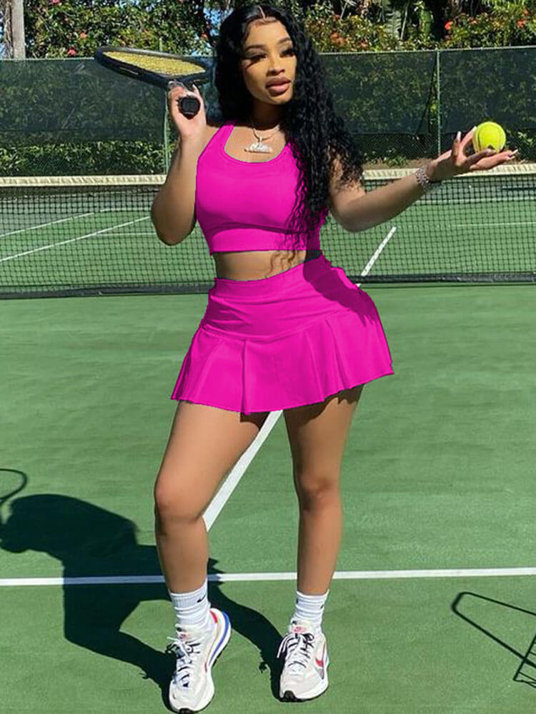 Two Piece Sleeveless Tank Crop Top Pleated Mini Skirt