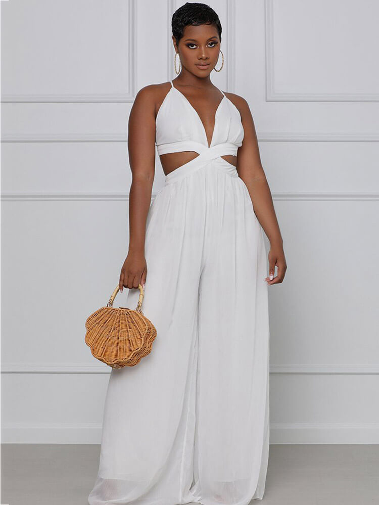 Spaghetti Strap Chiffon Backless Wide Leg Jumpsuit