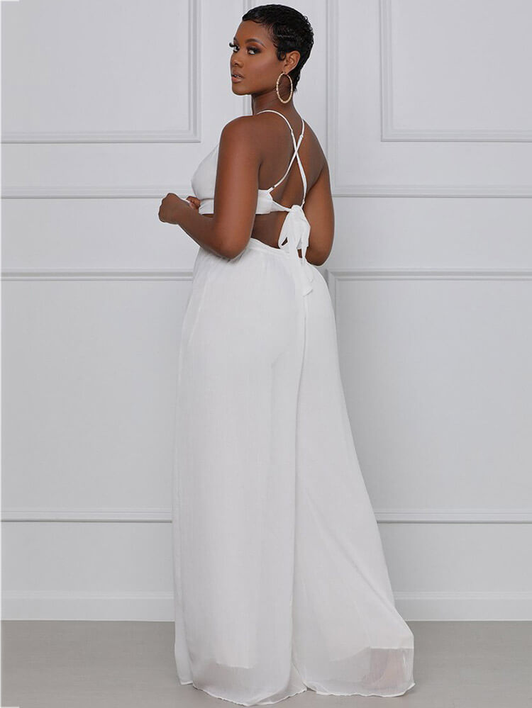Spaghetti Strap Chiffon Backless Wide Leg Jumpsuit