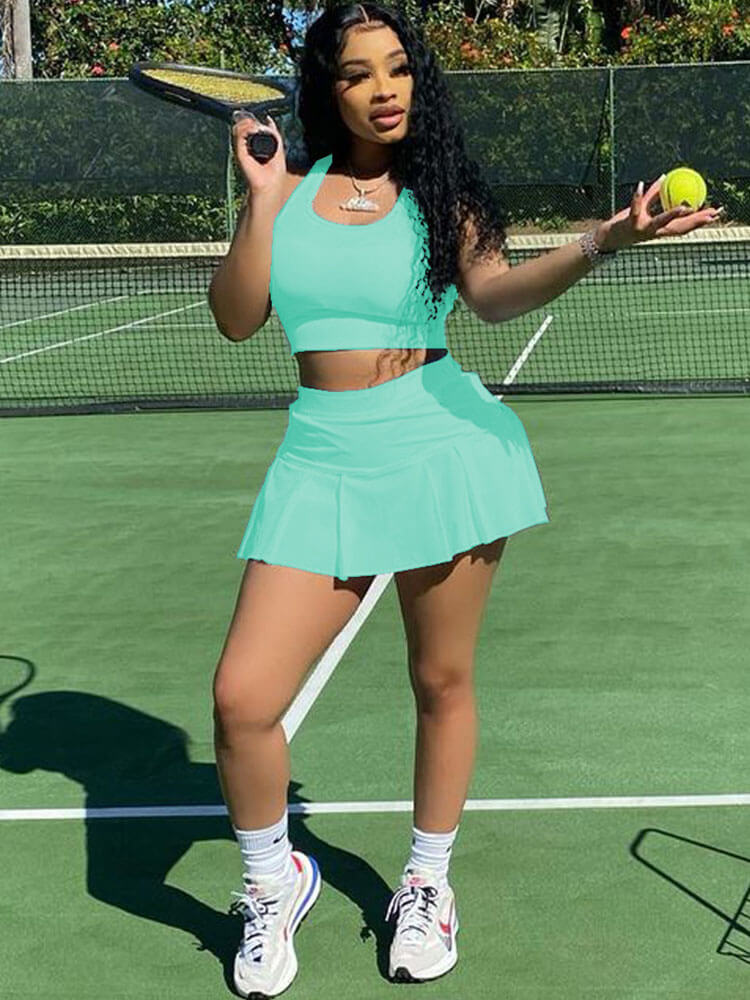 Two Piece Sleeveless Tank Crop Top Pleated Mini Skirt