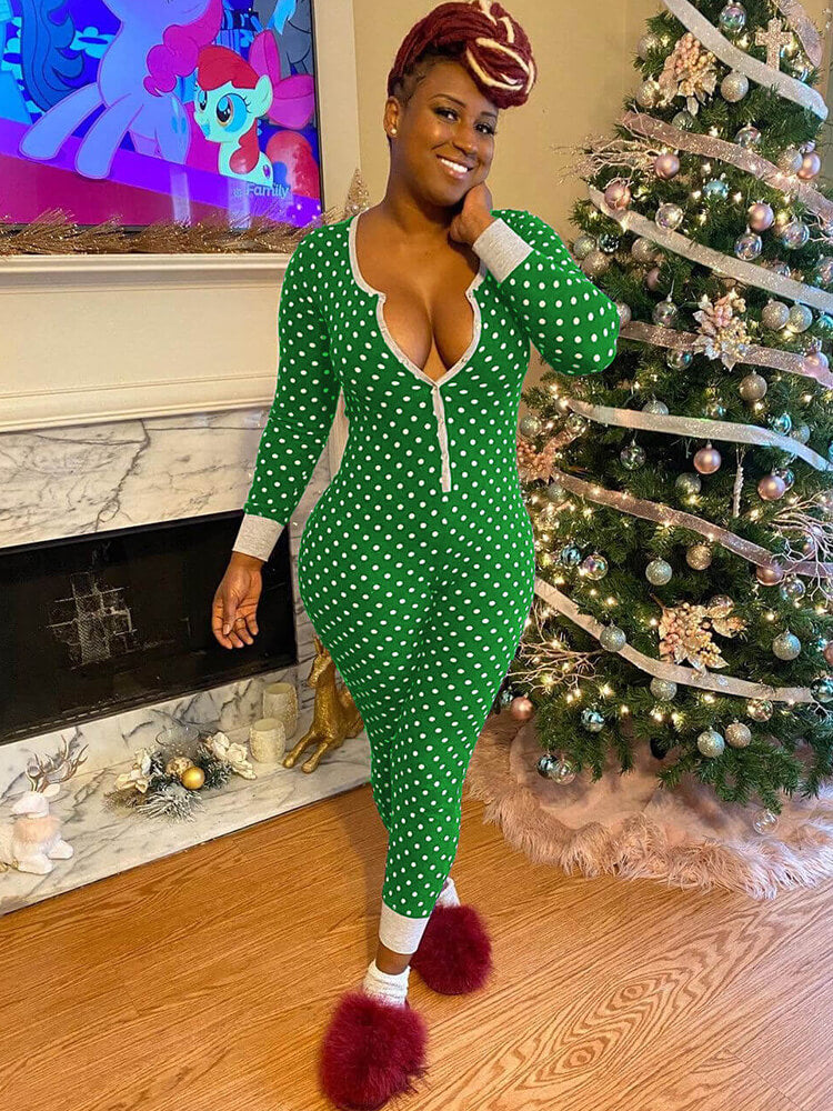 Christmas Dot Print V Neck Long Sleeve Button Jumpsuit