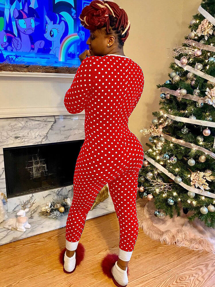 Christmas Dot Print V Neck Long Sleeve Button Jumpsuit