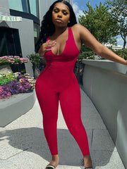 Solid Color Slit Scoop Neck Ottoman Rib Bodycon Jumpsuit